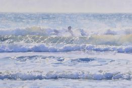 Anna Gordon-Smith, 'Canoeing through the surf' watercolour, pencil signed, 18" x 13"