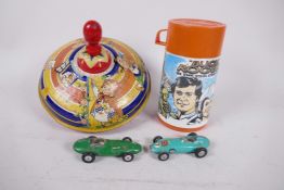 Two 1950s Corgi model racing cars, Vanwall and BRM, together with a Chad Valley humming top and a