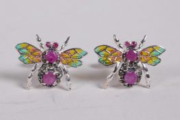 A pair of 925 silver and plique a jour cufflinks in the form of bees set with rubies
