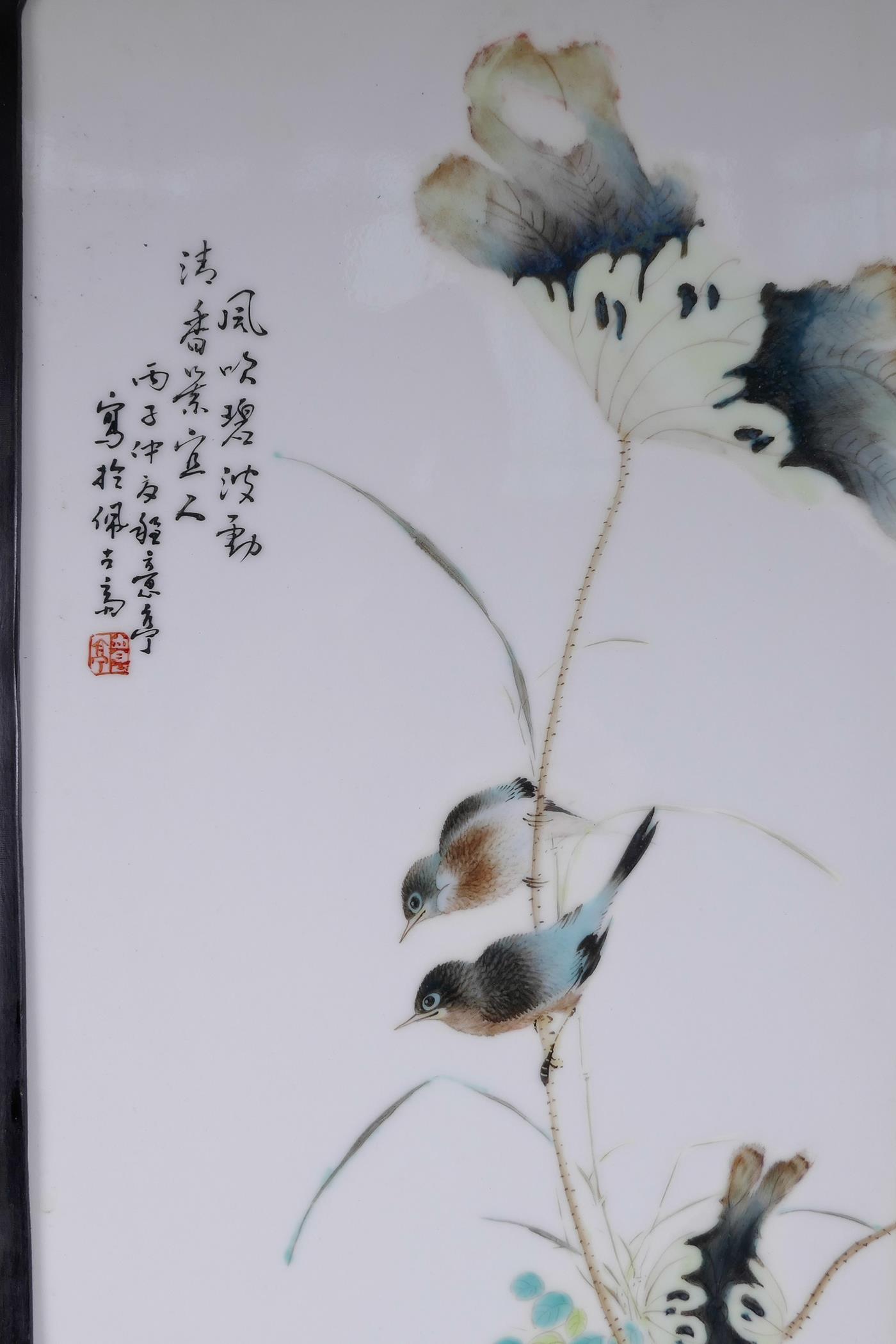 A pair of Chinese Republic polychrome porcelain panels depicting birds amongst lotus flowers, in - Image 2 of 5