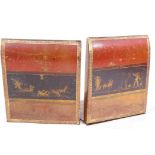 A pair of wood, leather and brass bookends, the wooden ends leather bound in the form of books