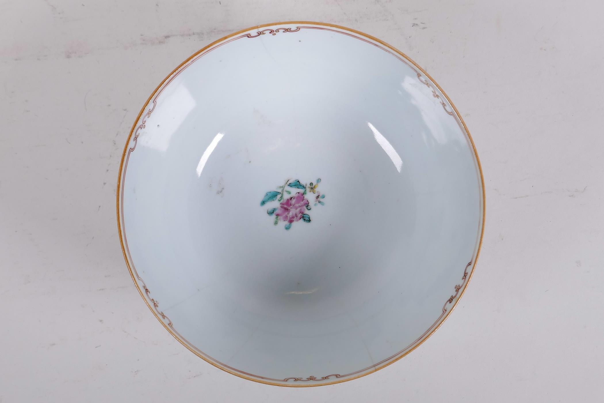 A C18th Chinese polychrome porcelain bowl decorated with figures in a landscape and flowers, 7½" - Image 5 of 8
