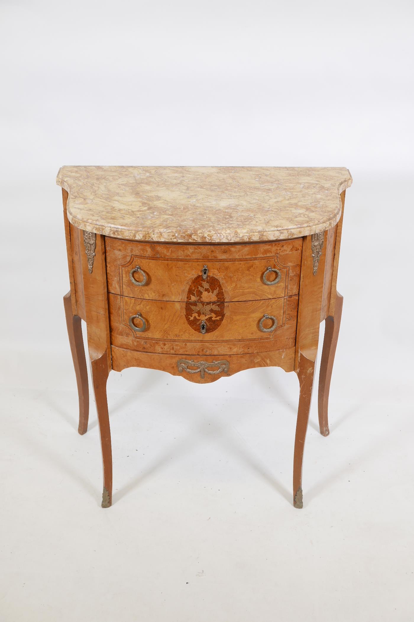An inlaid burr walnut and elm two drawer bowfronted commode, with marble top and metal mounts, - Image 2 of 4