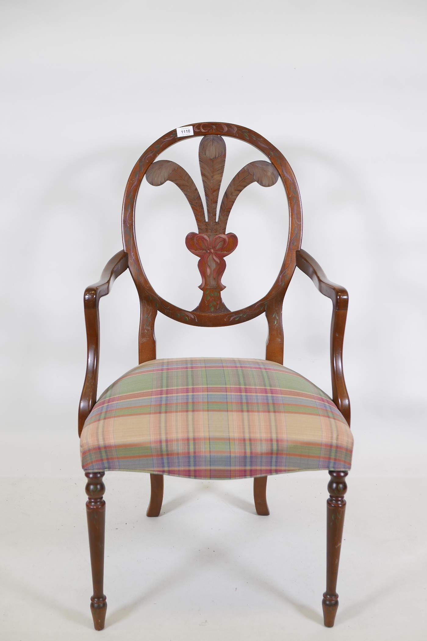 A federal style open armchair, with Prince of Wales feathered back and painted decoration, raised on - Image 2 of 3