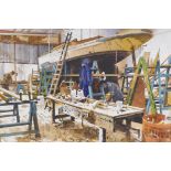Ben Machipp, 'Restoring Molly' boat building workshop, pencil signed, watercolour, 20" x 15"