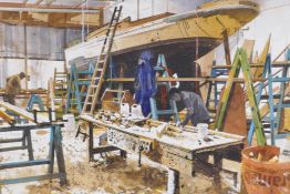 Ben Machipp, 'Restoring Molly' boat building workshop, pencil signed, watercolour, 20" x 15"