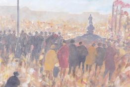 Figures gathered at a Continental town square festival, oil on board, 11½" x 15½"