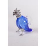 A blue glass decanter in the form of a parakeet with silver plated mounts, 6" high