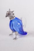 A blue glass decanter in the form of a parakeet with silver plated mounts, 6" high
