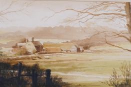 C.J. Harrison, rural landscape with farm, watercolour, inscribed verso 'Inscribed under mount,