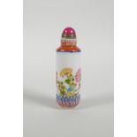 A Peking glass cylinder snuff bottle with enamelled decoration of birds, butterflies and flowers,