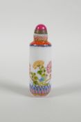 A Peking glass cylinder snuff bottle with enamelled decoration of birds, butterflies and flowers,