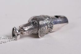 A 925 silver pendant whistle with dog's head decoration