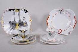 A Shelley Art Deco 'Queen Anne Sunrise & Tall Trees' Pattern (72304) porcelain trio and matching