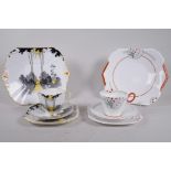 A Shelley Art Deco 'Queen Anne Sunrise & Tall Trees' Pattern (72304) porcelain trio and matching