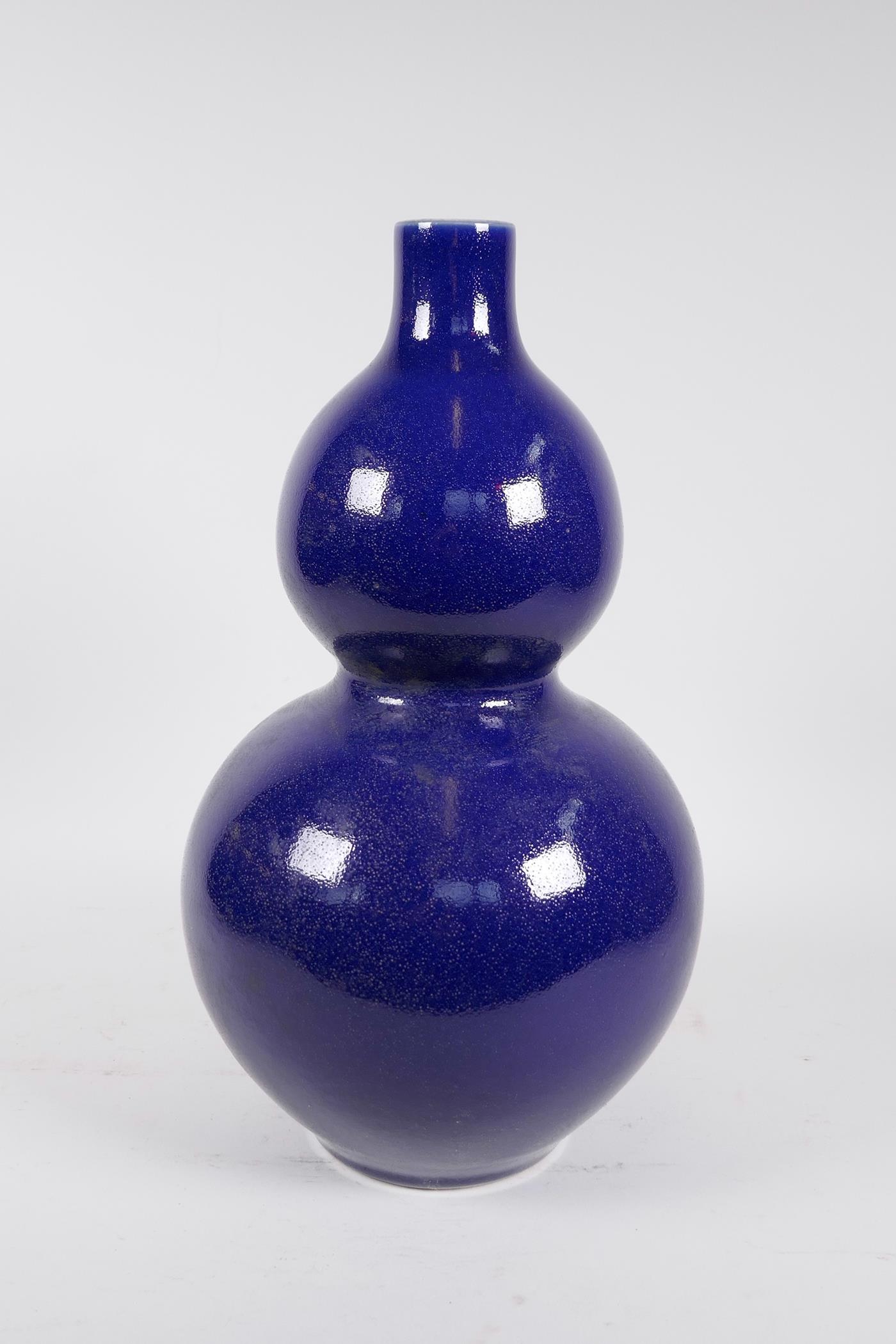 A Chinese powder blue glazed porcelain double gourd vase, 6 character mark to base, 14½" high - Image 3 of 4