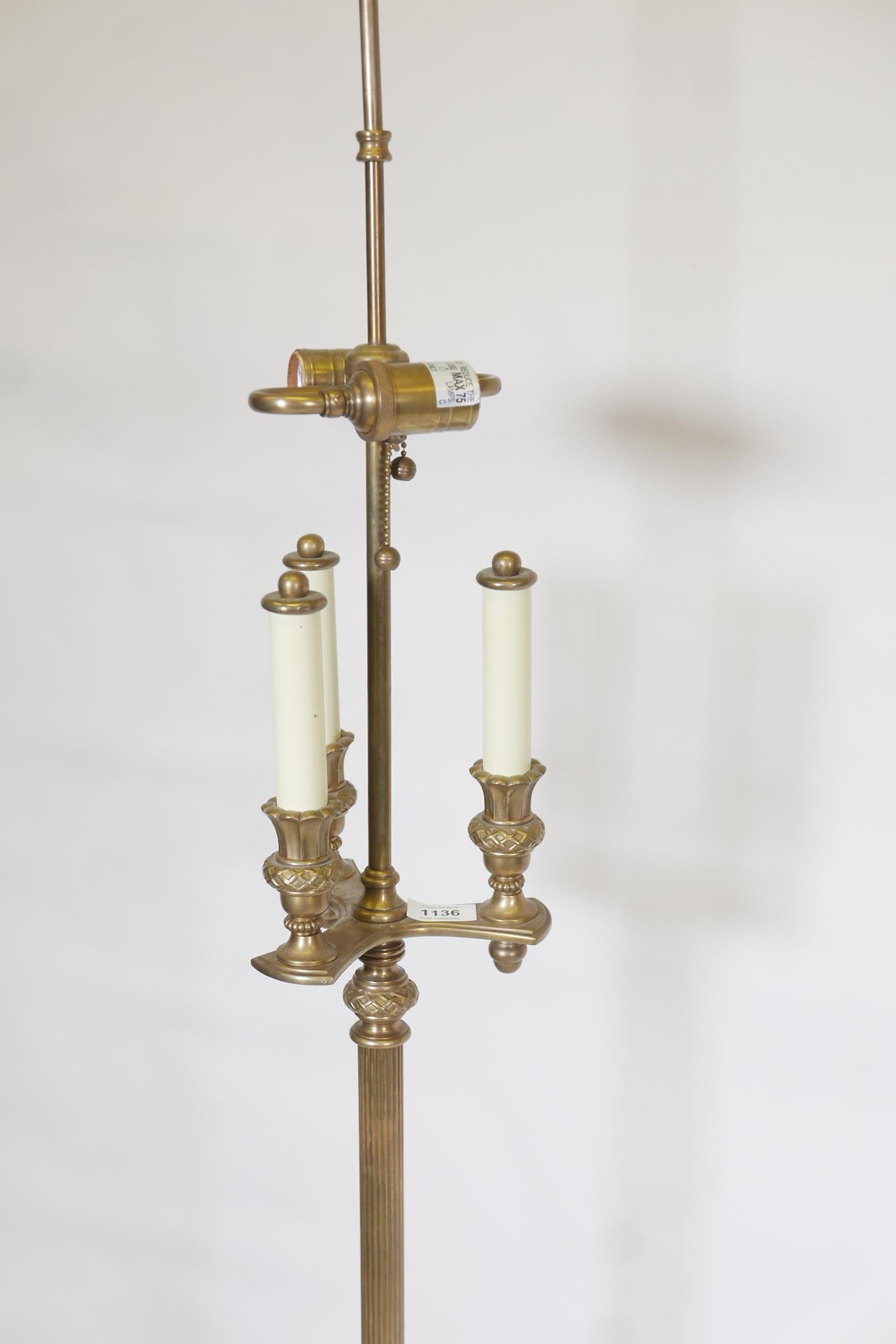 A brass three branch, two light standard lamp, with fluted column and triform base, 62" high - Image 2 of 2
