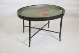 A hand painted toleware tray with bespoke stand, 33" x 25" x 21" long