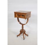 A C19th specimen wood marquetry inlaid workbox, with lift up top raised on a turned column with