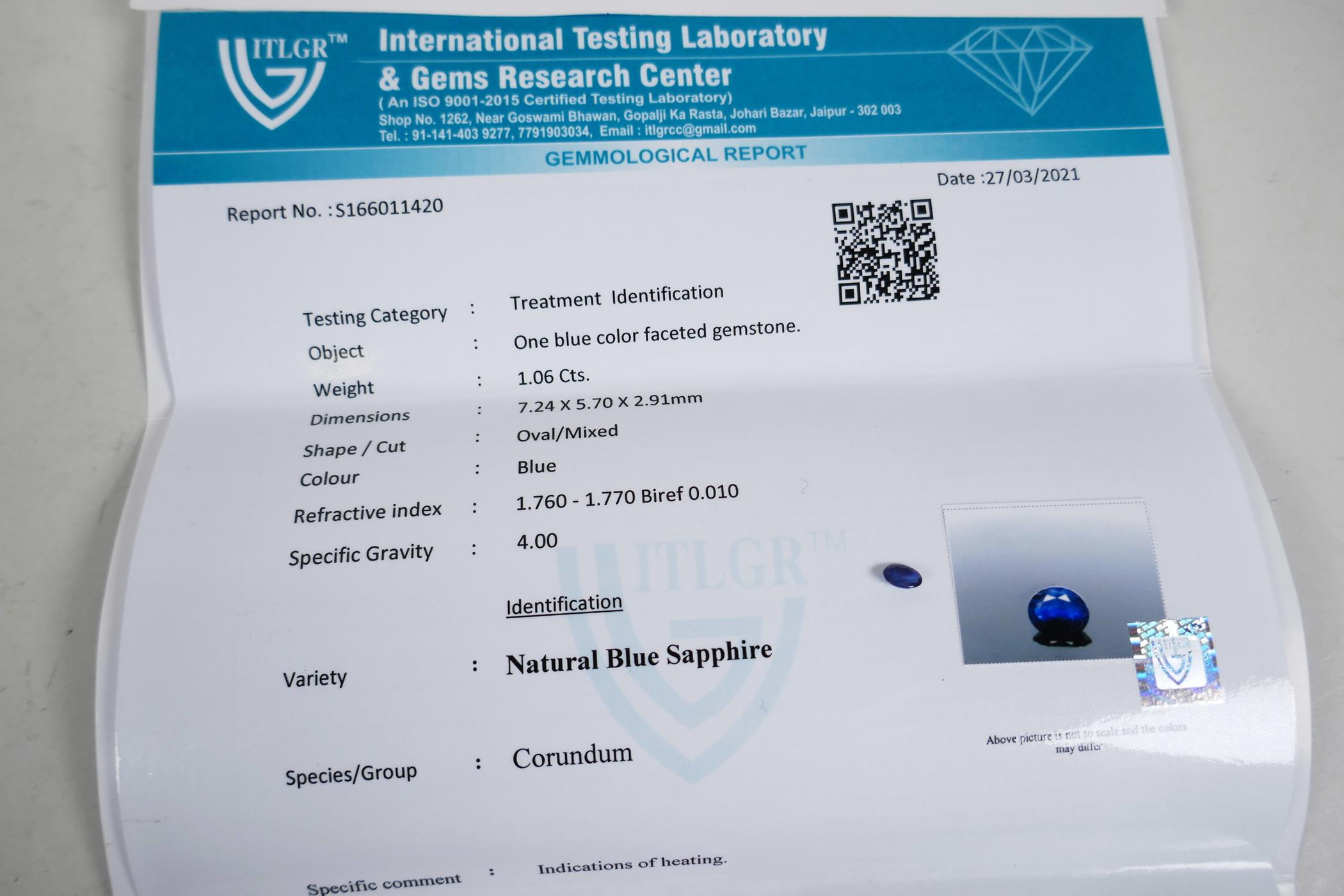 A 1.06ct blue sapphire, oval mixed cut, ITLGR certified, with certificate - Image 7 of 7