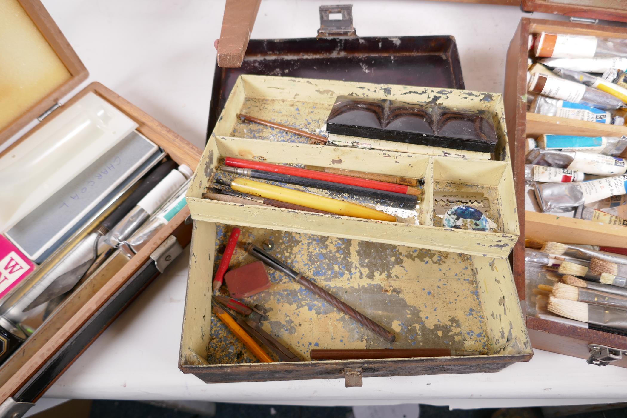 Three artist's boxes, one containing a quantity of good quality brushes and oil paints, together - Image 3 of 8