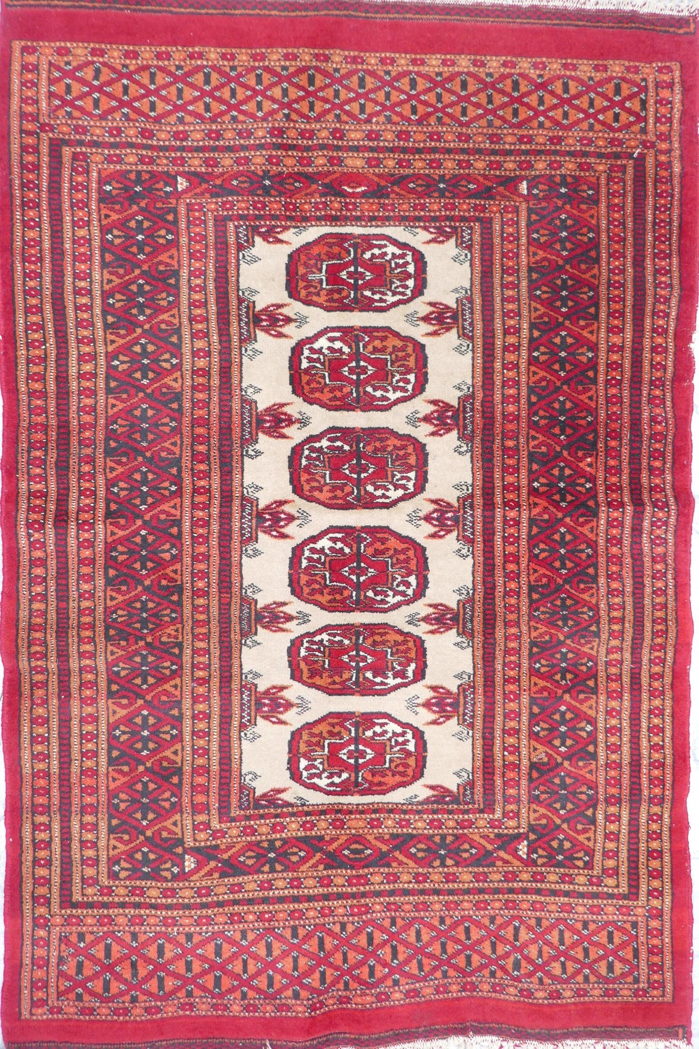A red ground Turkmen wool rug with a Bokhara design on a cream field, 32" x 48", and another - Image 2 of 5