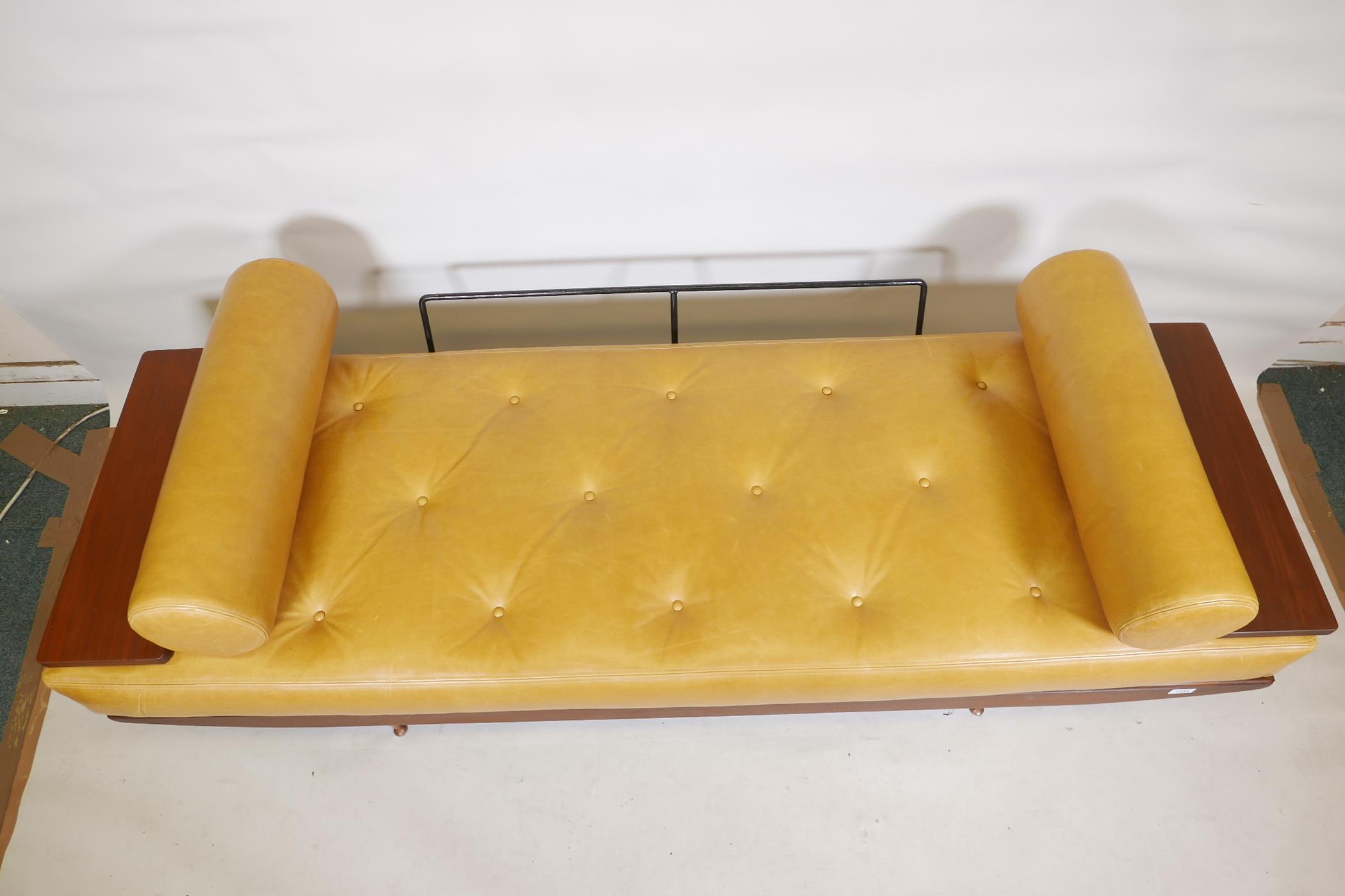 A rare 1950s British Toothill afromosia sofa bed, with buttoned mustard cushions, extending side - Image 4 of 6