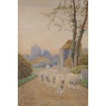William Sidney Cooper, shepherd and his flock on a rural lane, 1910, watercolour, 9½" x 13½"