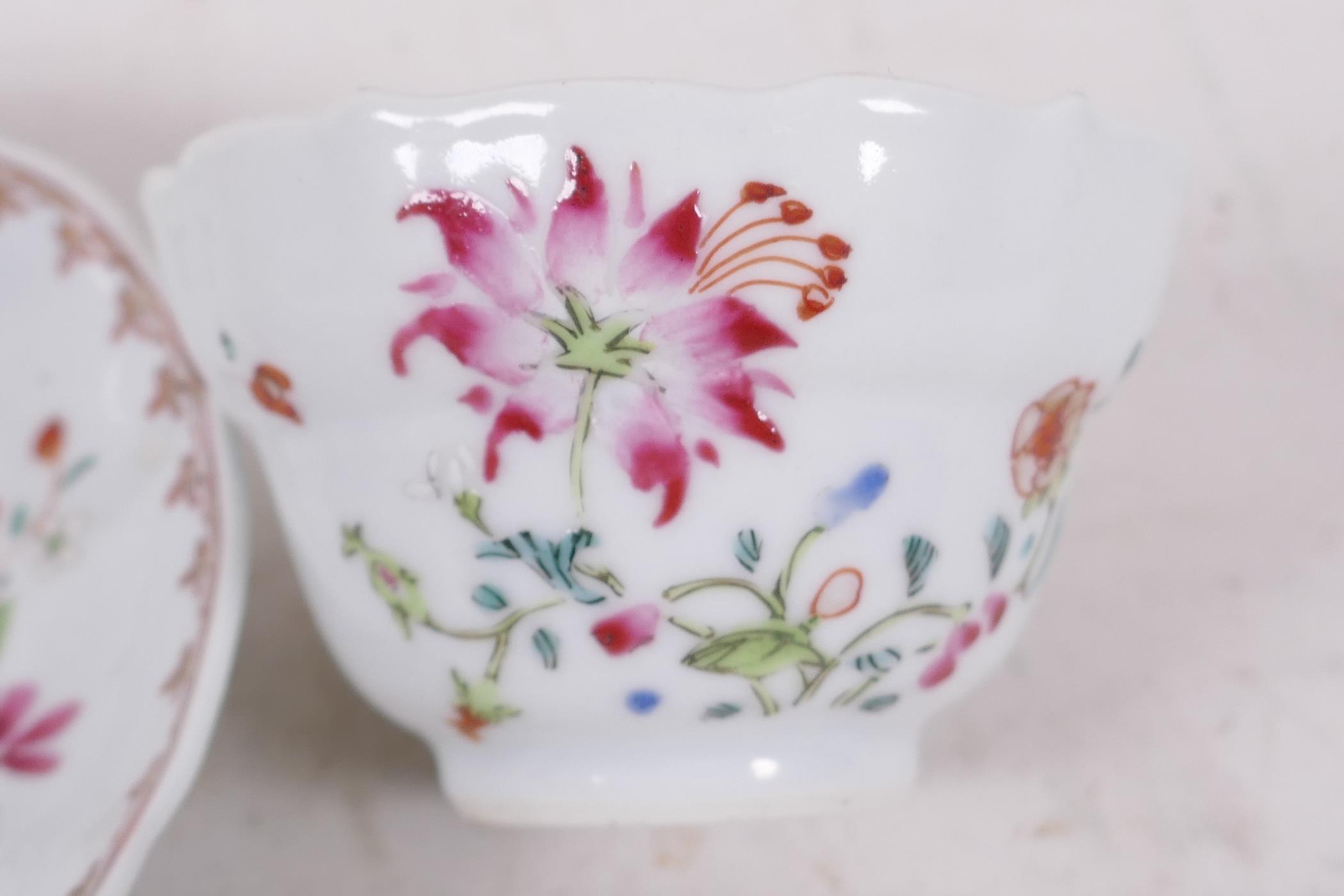 A Chinese export Yongzheng period famille rose tea bowl and saucer, delicately enamelled floral - Image 3 of 4