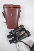 A pair of rare WWII Barr and Stroud binoculars, serial number 41441, in original leather case, 11"