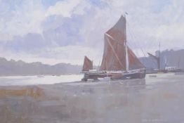 Norman Battershill, sailing boats in a river inlet, titled verso, 'Spritsail Barge Manningtree,