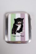 A hallmarked silver cigarette box decorated with a later applied cold enamel plaque depicting a