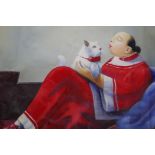 A Chinese oil on canvas, lady in red with a white cat, unstretched, 24" x 20"