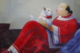 A Chinese oil on canvas, lady in red with a white cat, unstretched, 24" x 20"