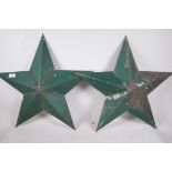 A pair of vintage painted, galvanised sheet metal stars, 22" wide