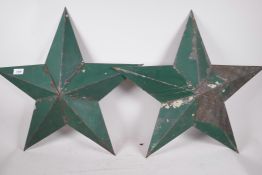 A pair of vintage painted, galvanised sheet metal stars, 22" wide