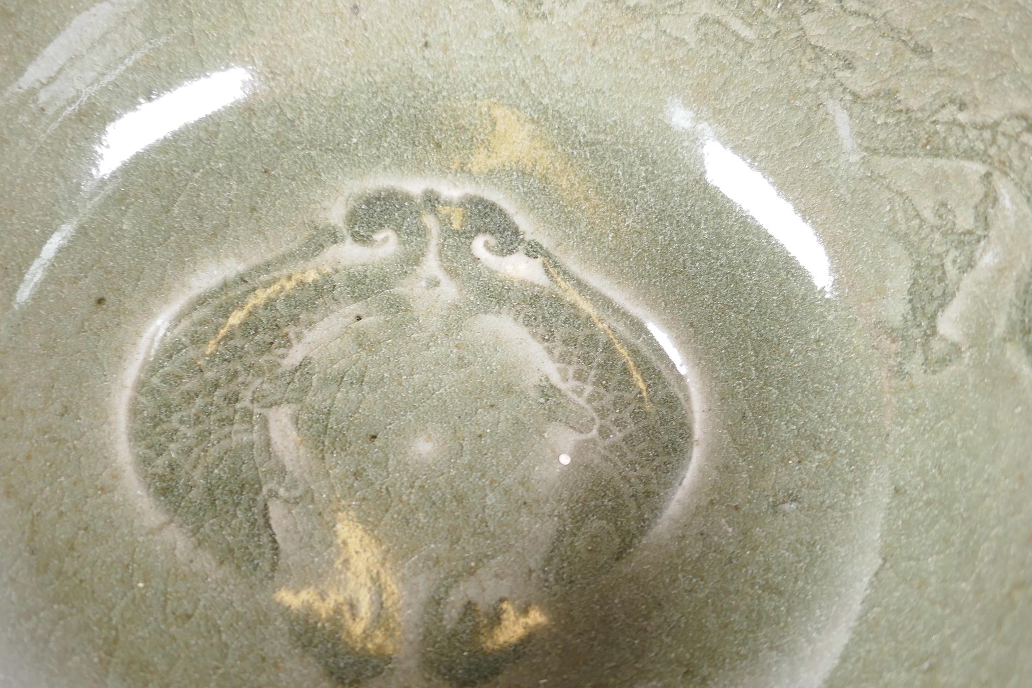 A Chinese dark green jade celadon stem cup decorated with dragons and fish, 5" high - Image 4 of 4