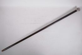 A walking cane with silver top, the hinged cover inset with pietra dura, 33" long