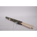 An antique pair of chopsticks and fruit knife in a shagreen holder with metal mounts, 12" long
