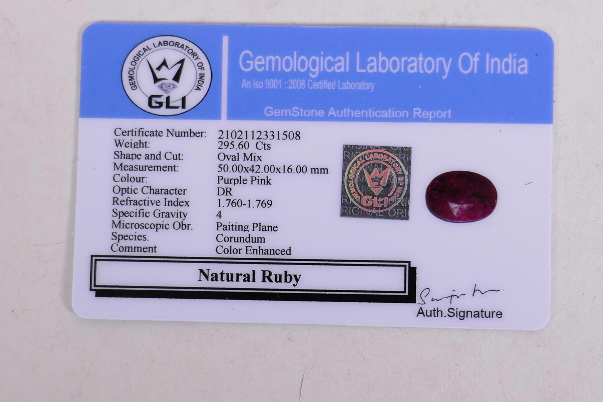 A 295ct natural ruby gemstone, oval cut, with certification from the Gemological Laboratory of India - Image 6 of 6