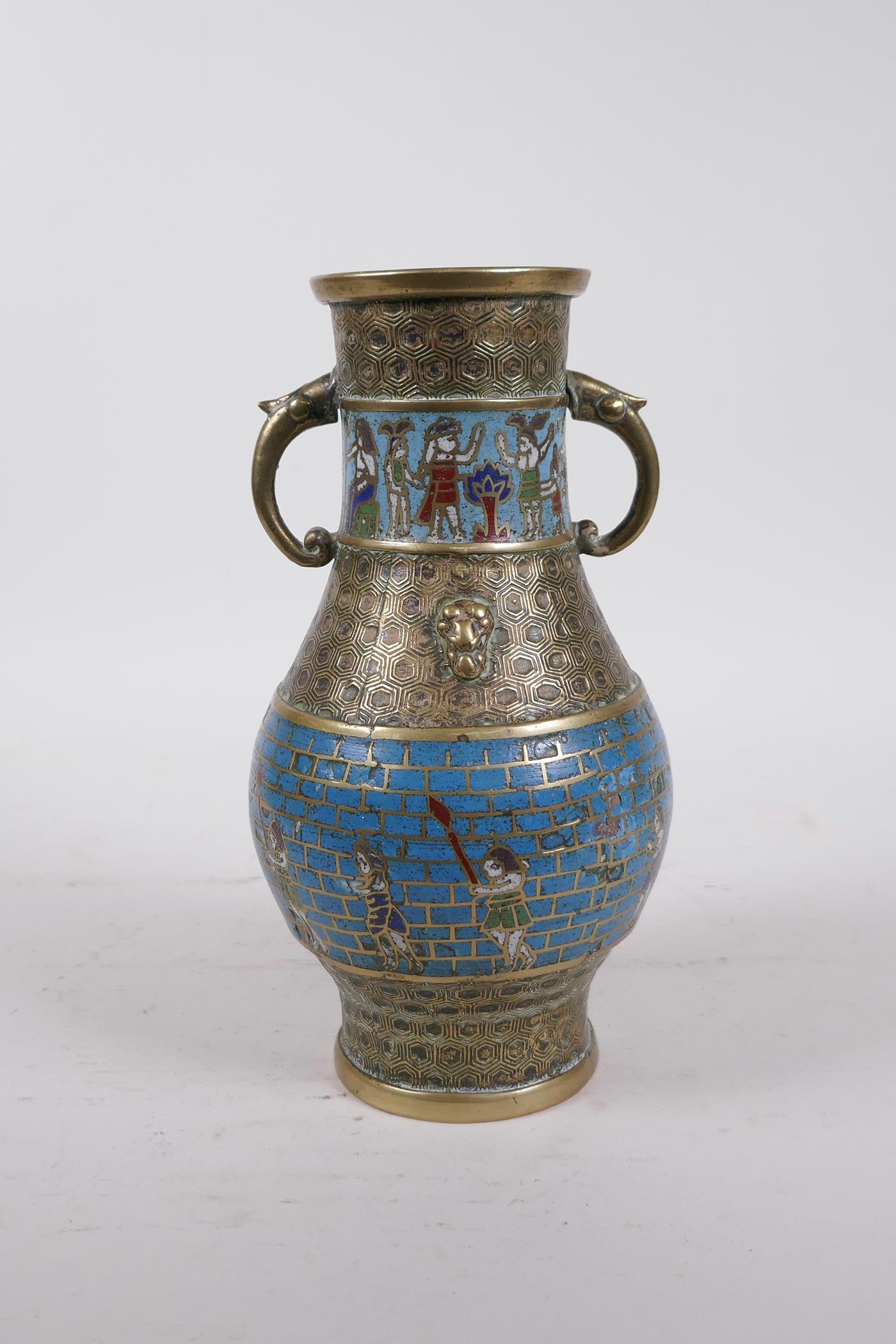 An Eastern bronze cloisonne two handled vase of Chinese form, the cloisonne bands with Egyptian - Image 3 of 6