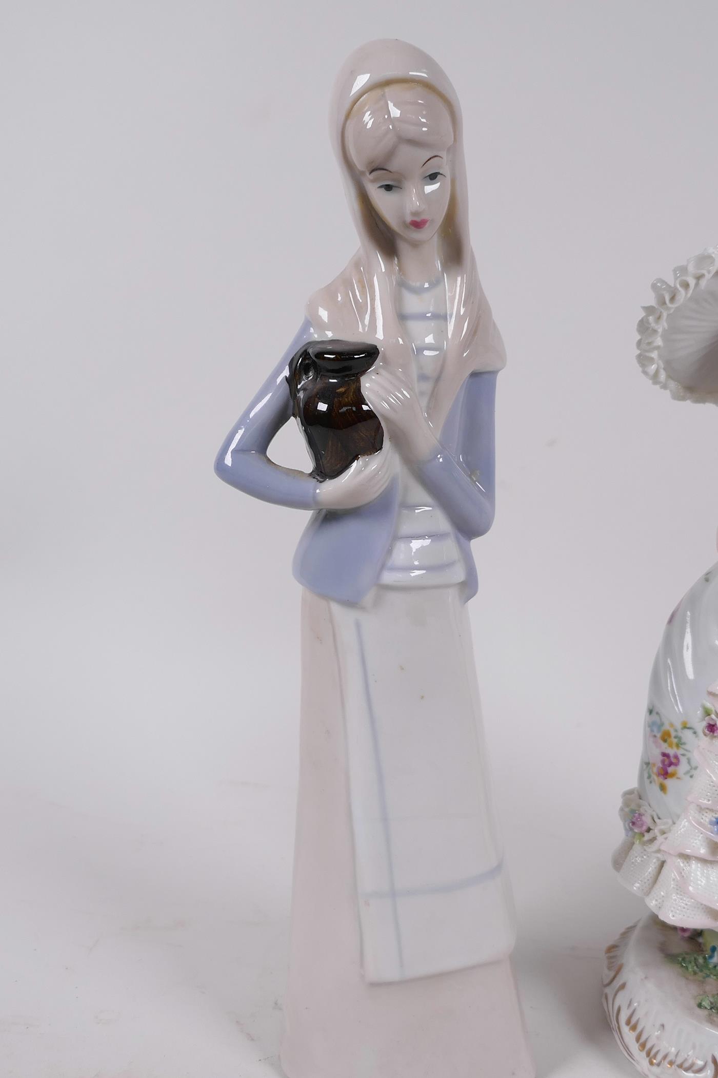 A Coalport porcelain figurine, 'Anne of Cleves', 8" high, together with two other female figurines - Image 3 of 5