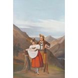 Tyrolean landscape with huntsman and his wife, unsigned, relined, oil on canvas, C19th, 32" x 42"
