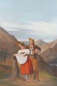 Tyrolean landscape with huntsman and his wife, unsigned, relined, oil on canvas, C19th, 32" x 42"