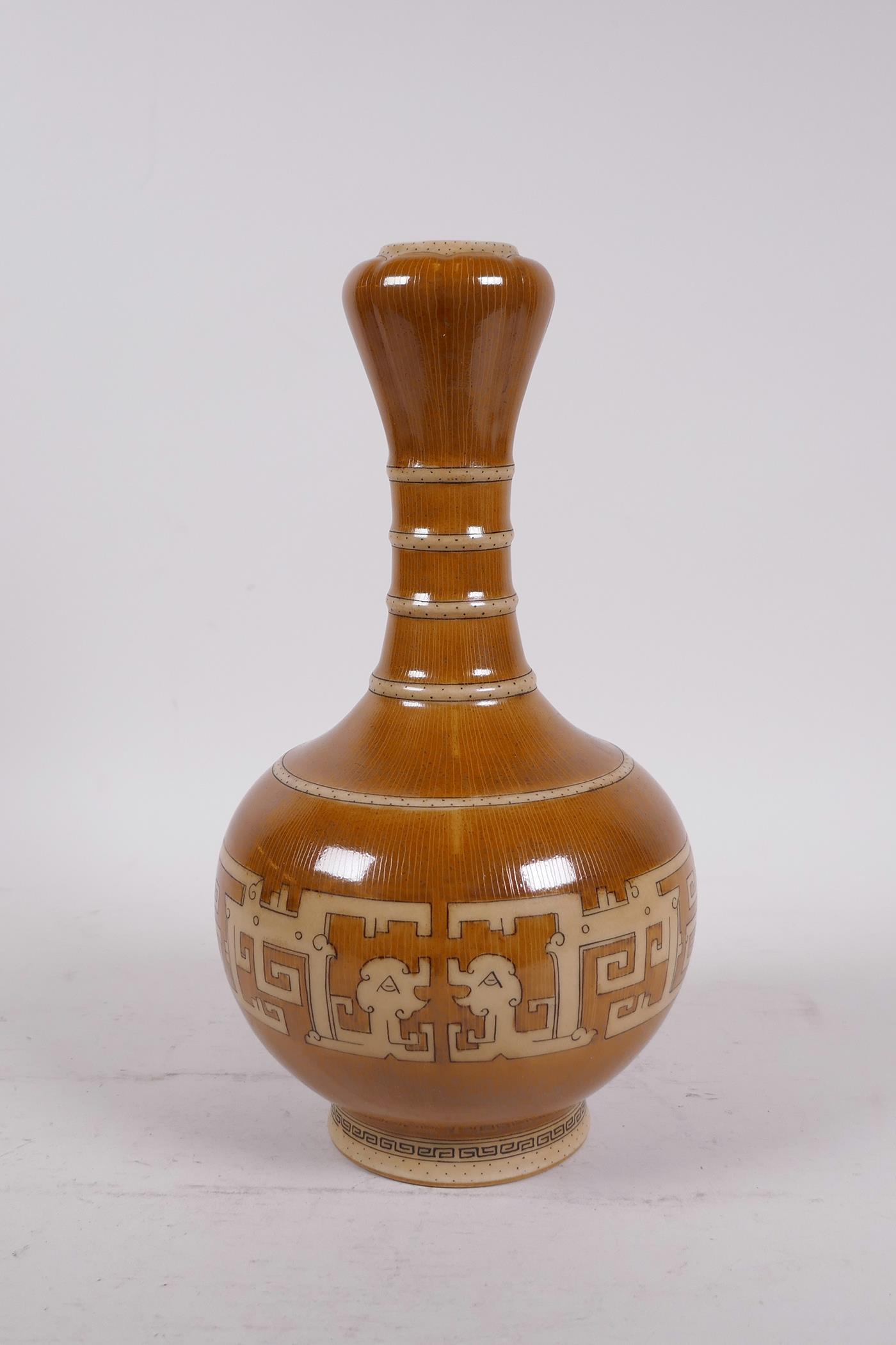 A Chinese garlic head shaped porcelain vase with archaic pattern and bamboo style decoration, seal - Image 3 of 5