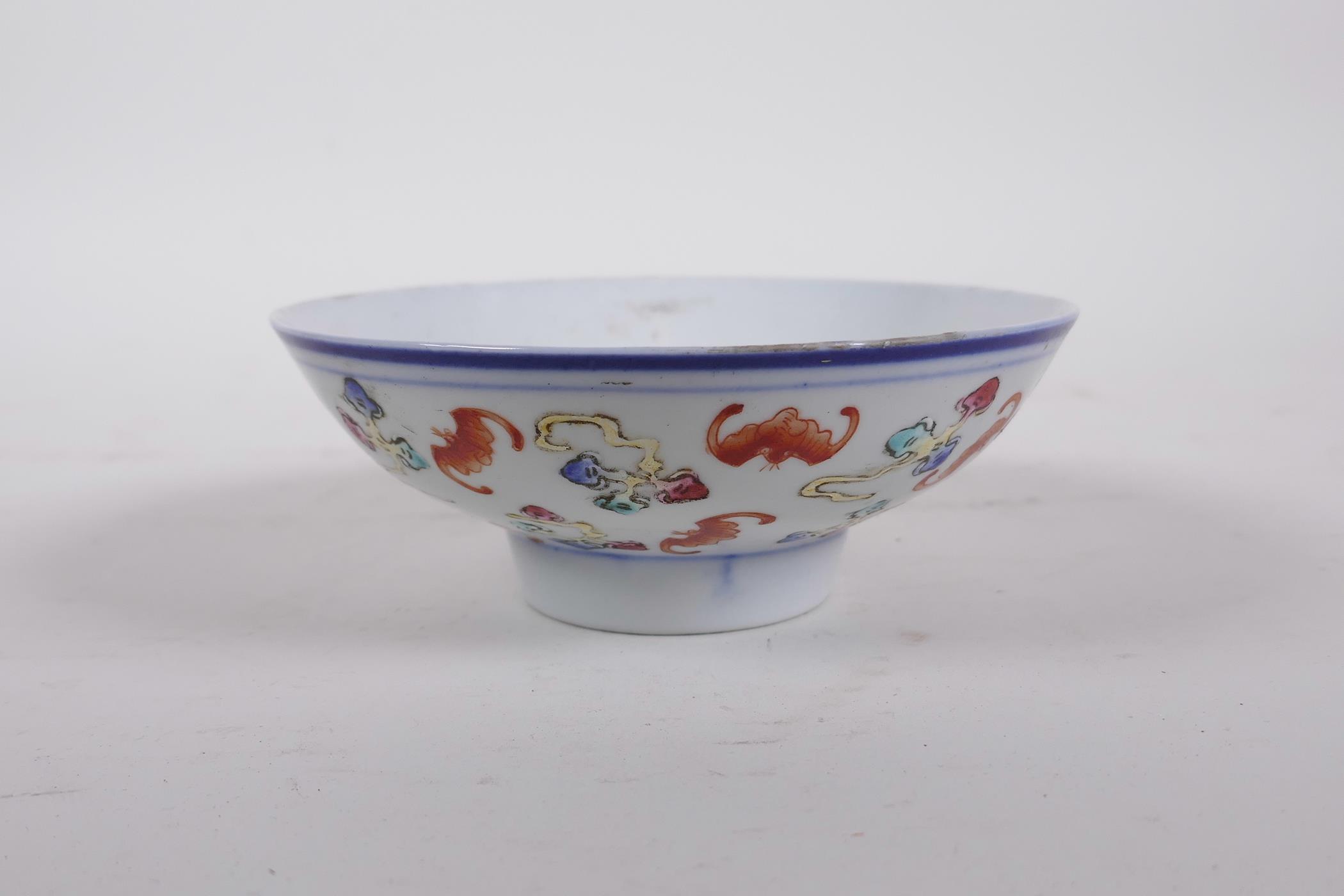 A Chinese Republic polychrome porcelain shallow bowl with bat decoration, seal mark to base, 5½"