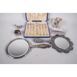 A quantity of silver and silver plate, two hallmarked silver hand mirrors (one A/F), a crystal