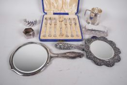 A quantity of silver and silver plate, two hallmarked silver hand mirrors (one A/F), a crystal