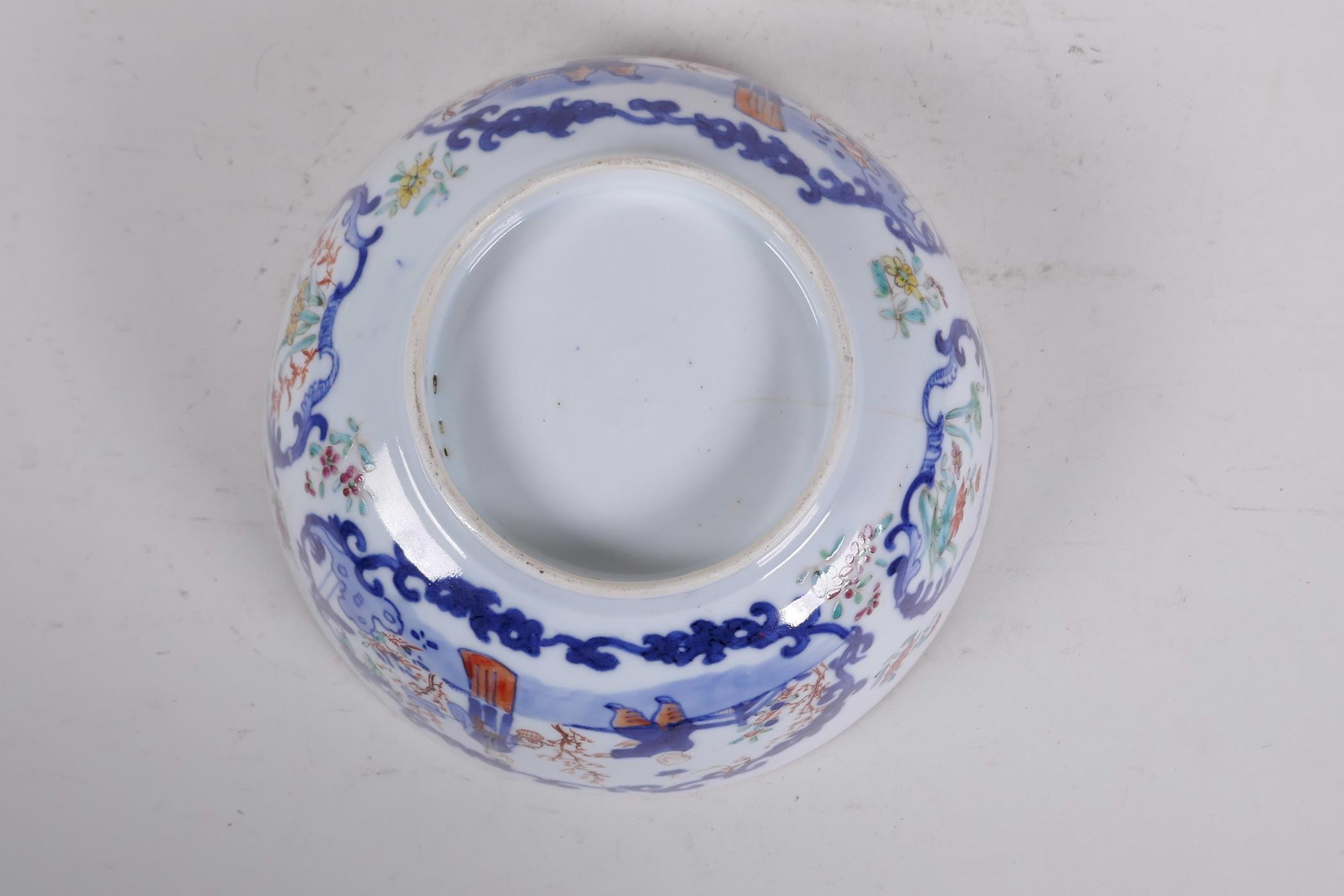 A C18th Chinese polychrome porcelain bowl decorated with figures in a landscape and flowers, 7½" - Image 6 of 8
