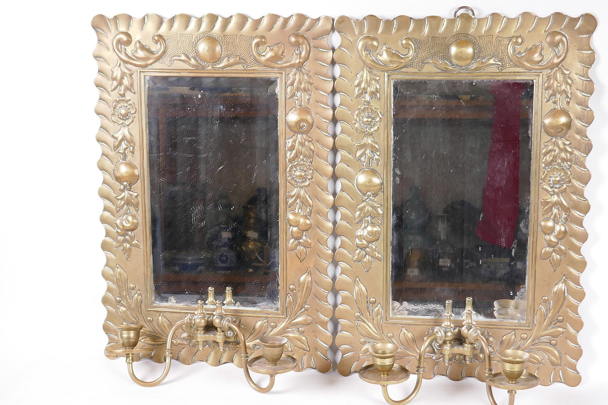 A pair of C19th pressed brass framed pier glass wall mirrors with twin candle sconces, the frames - Image 3 of 7